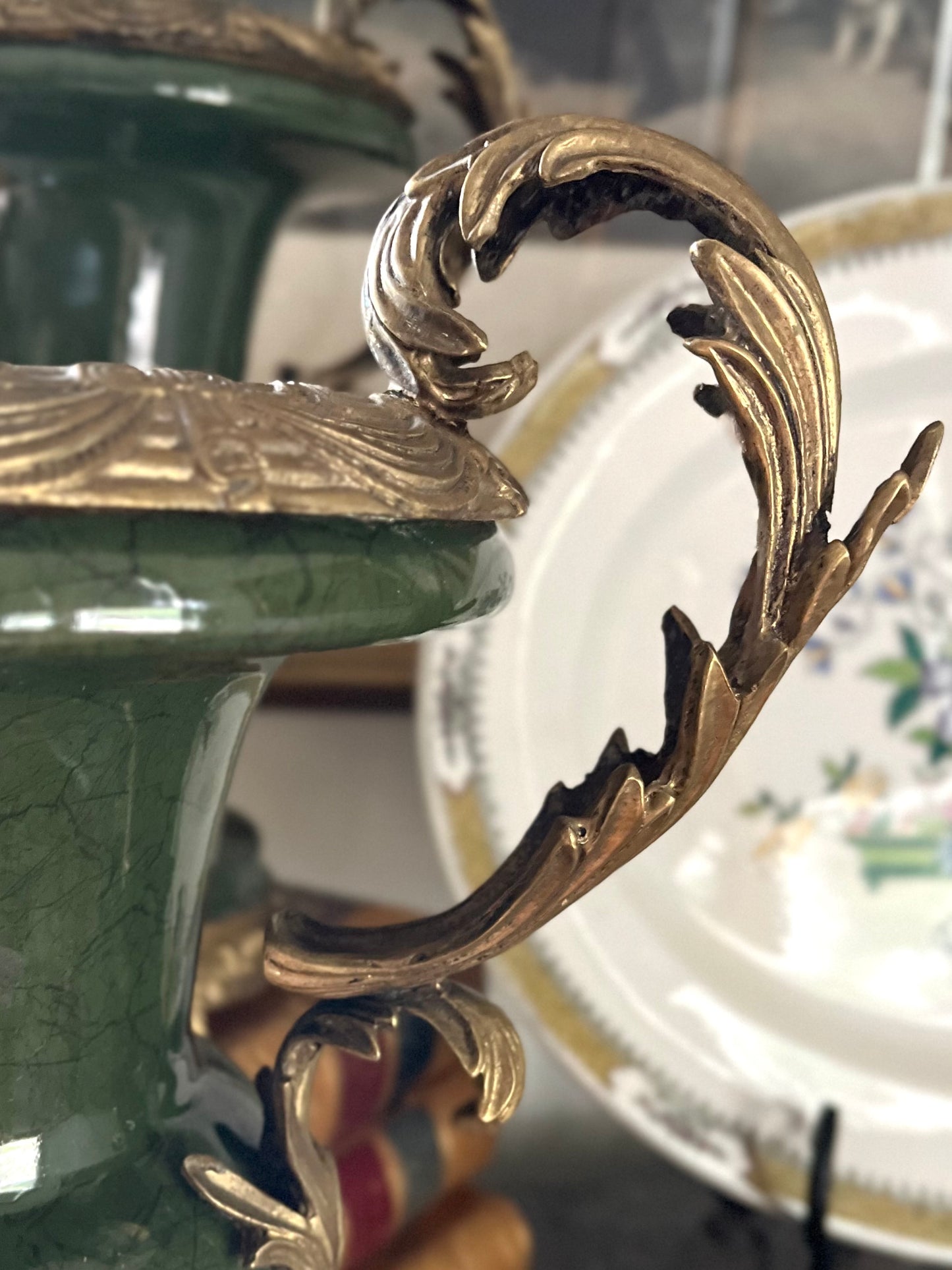 Grand Pair of French Empire Style Bronze-Mounted Urns in Antique Moss Green/Light Marbelization