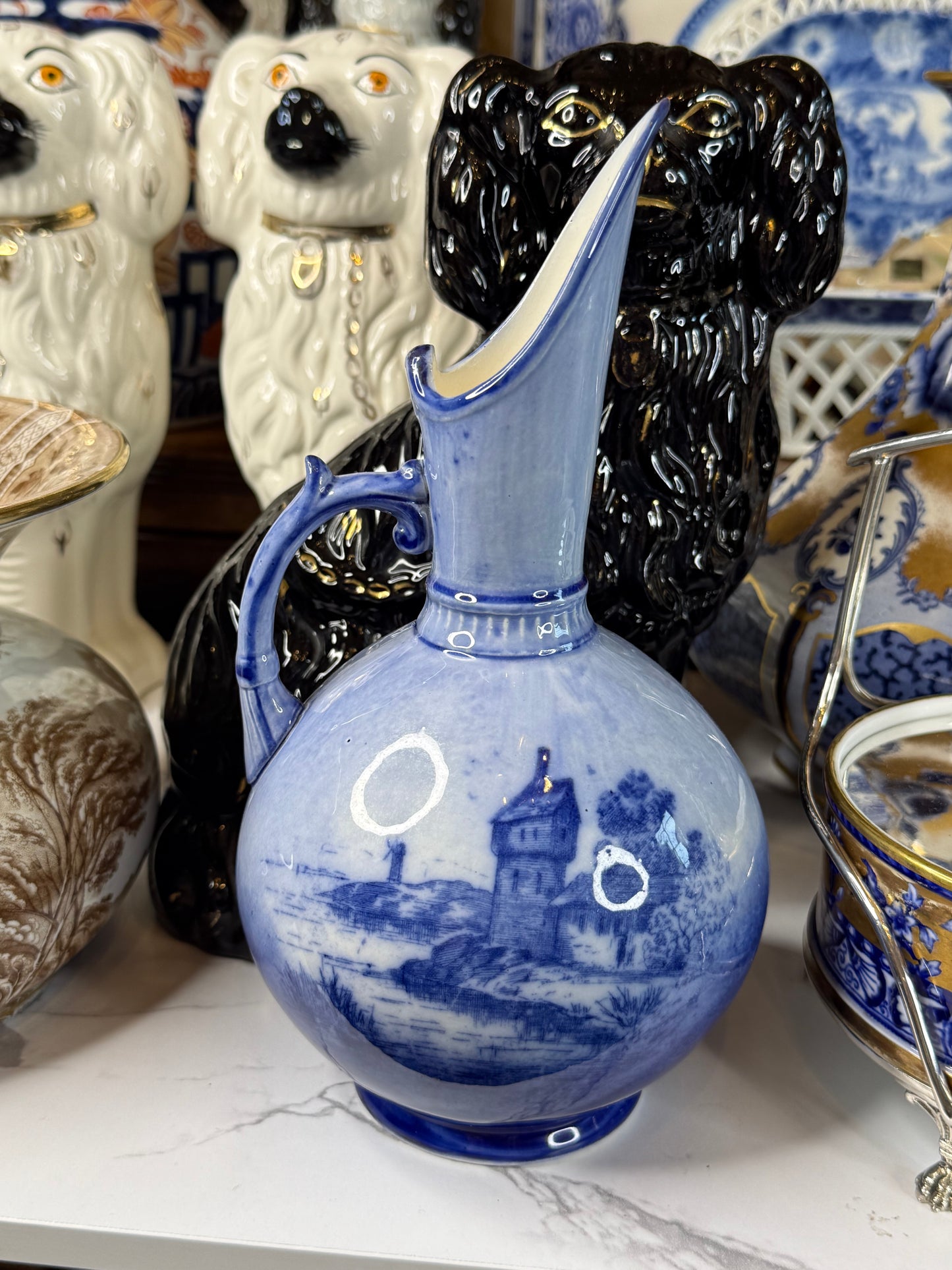 Pair of Keeling & Co. Blue & White Ship Ewers | 1886–1891 | 9"H x 15" Circumference | Style DA4502