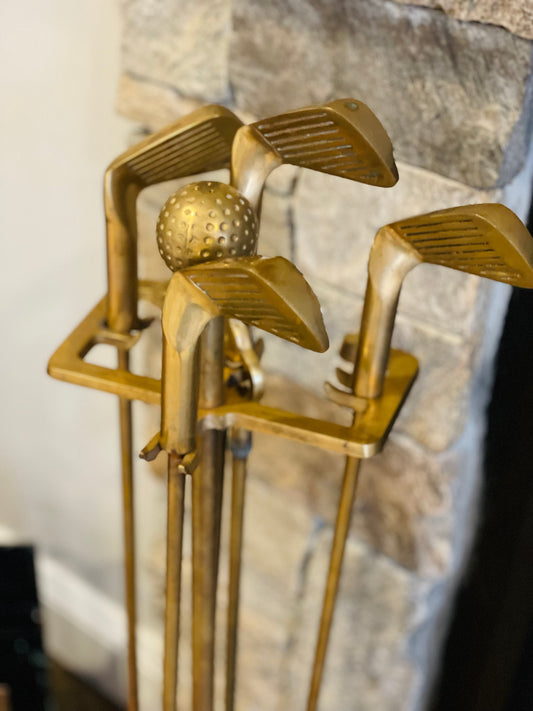Vintage Brass 5 Piece Golf Fireplace Tool Set - Pristine!