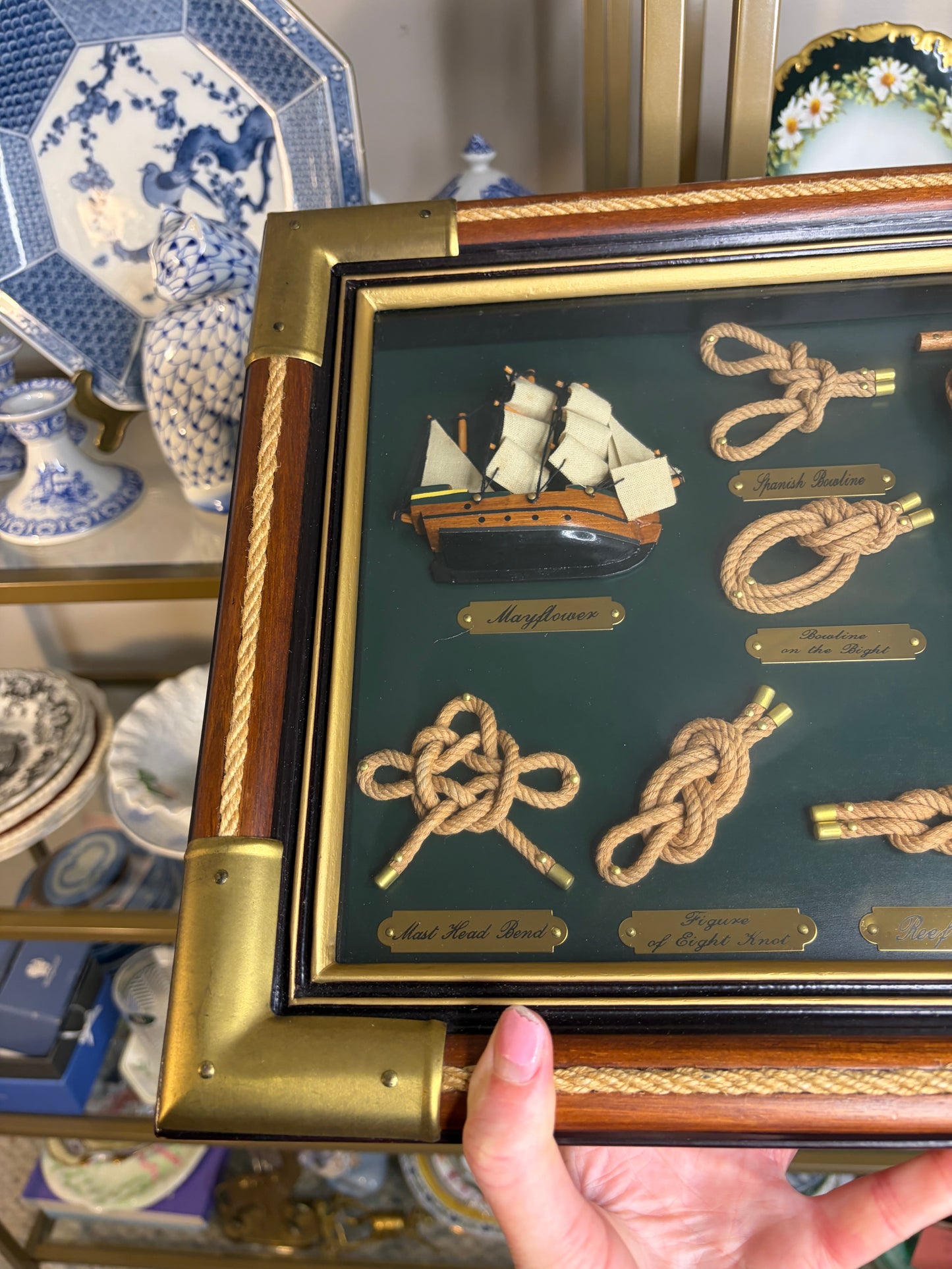 Reserved for Erica! Beautiful Nautical framed ship and knot with brass and rope details!