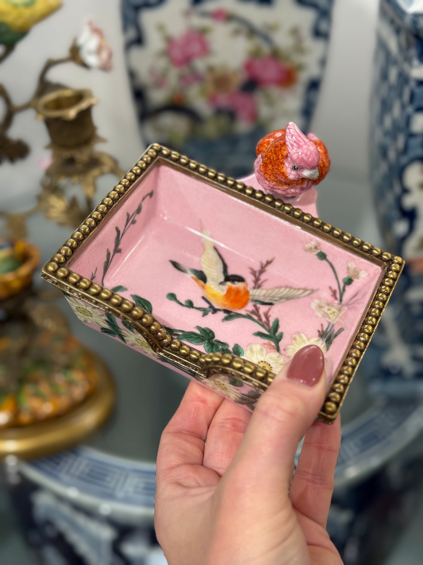 Danny's Fine Porcelain - Rectangular Pink Tray With Bird & Bronze Ormolu Details: 5.25X6X3.75” Hand painted