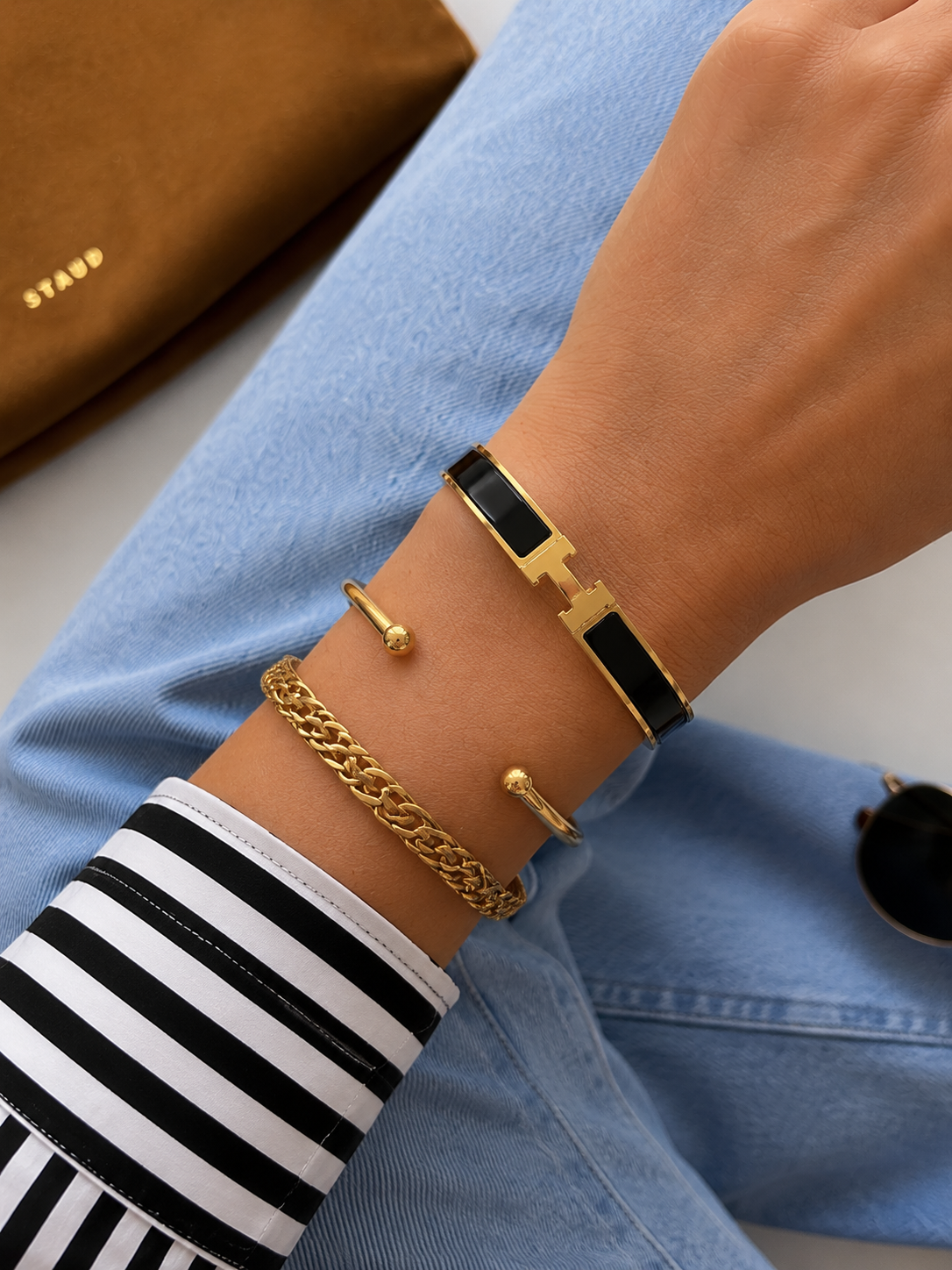 Black Enamel “H” Gold Hinged Bangle Bracelet W/ Box