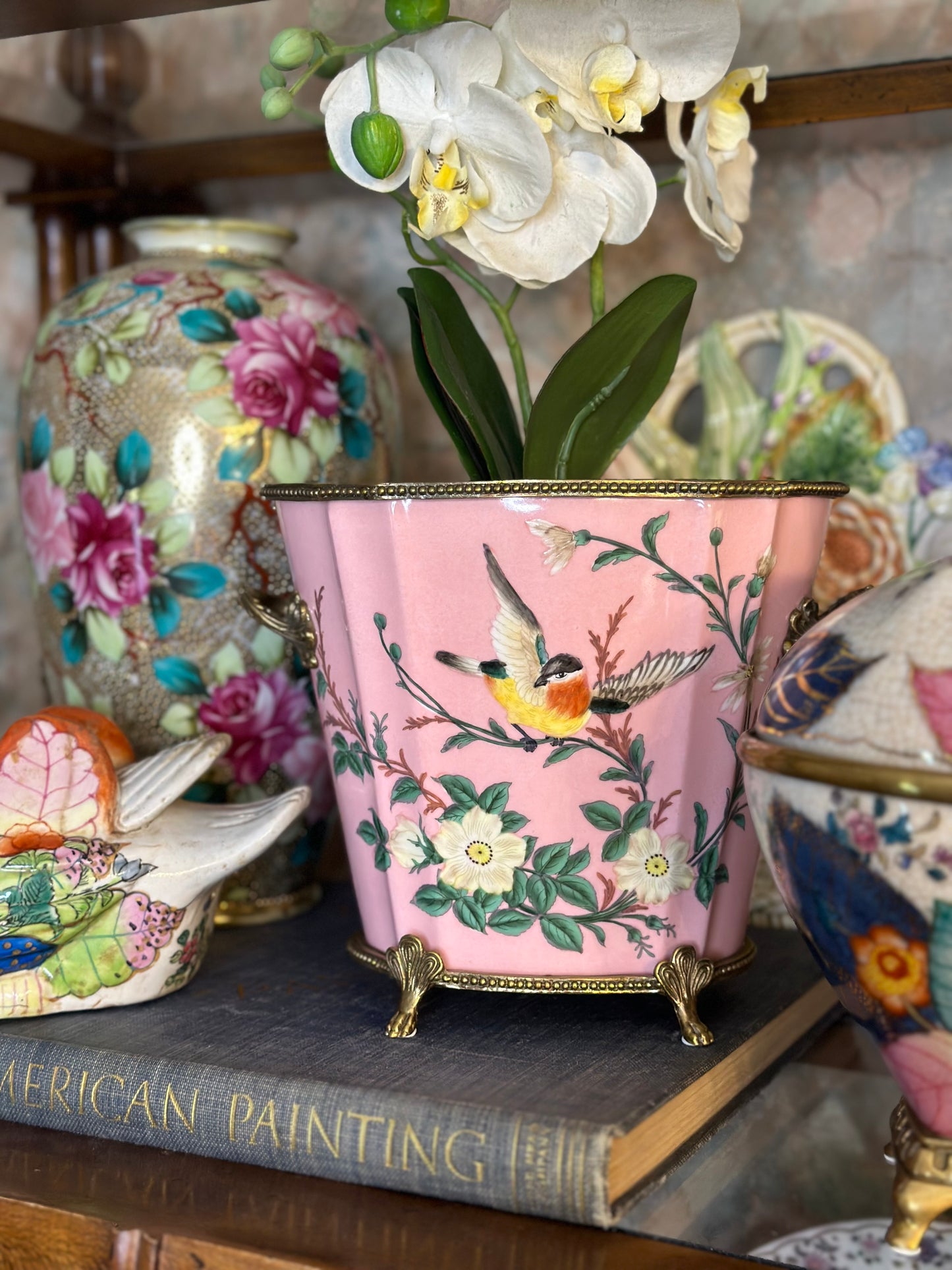 Danny's Fine Porcelain: Pink Floral Footed Basin/ Planter: Birds, Hand Painted, 9x6x7”