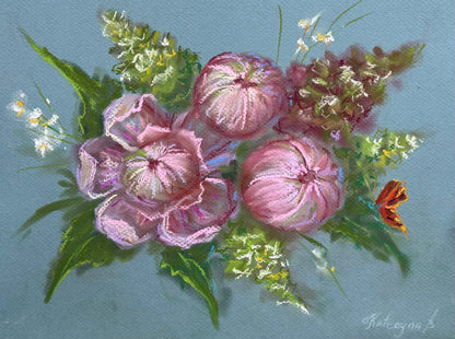 Pink Hydrangea pink peony Soft Pastel Drawing Original Floral Art 9x12”