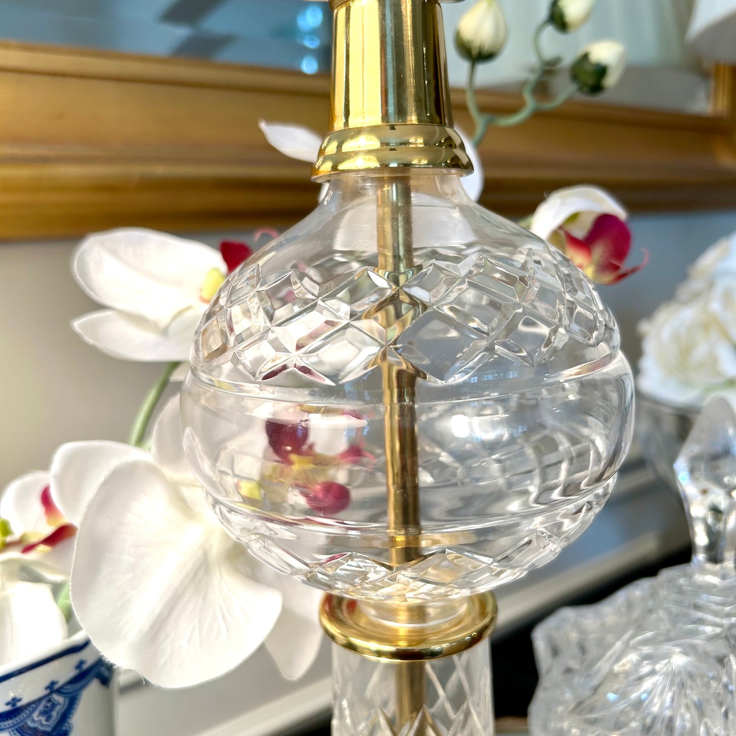 Vintage Crystal and brass lamp with ivory shade