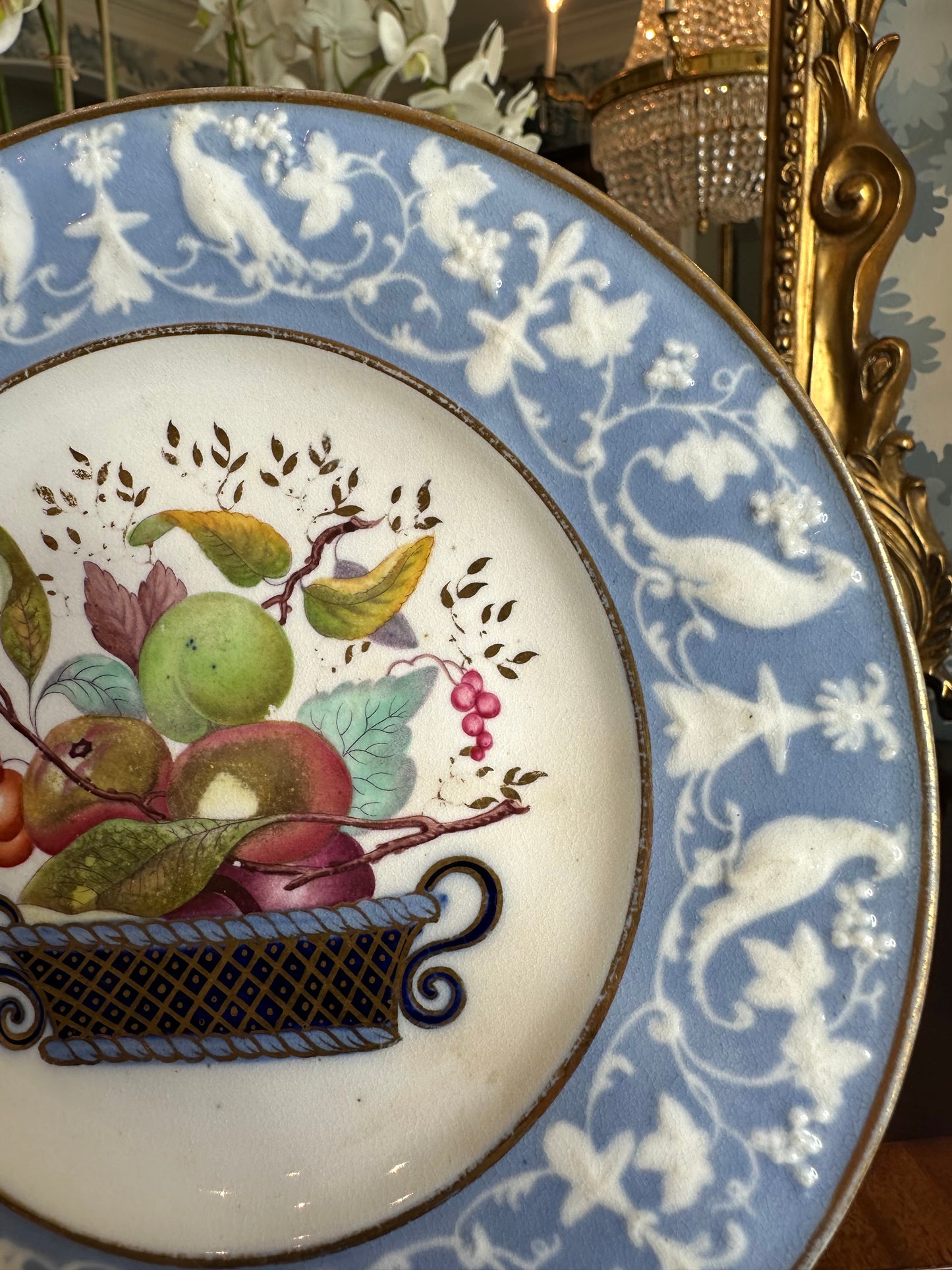 Fabulous Set of 3 Early 19thc Newhall English Lavender Blue Fruit Plates