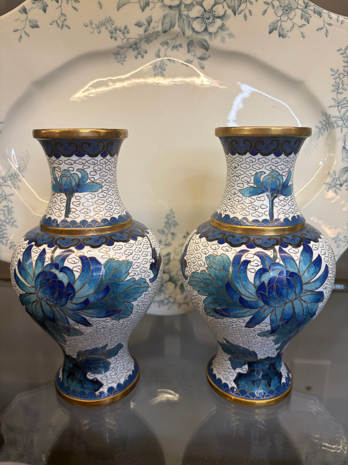 Beautiful cloisonné blue and white floral vases pair!