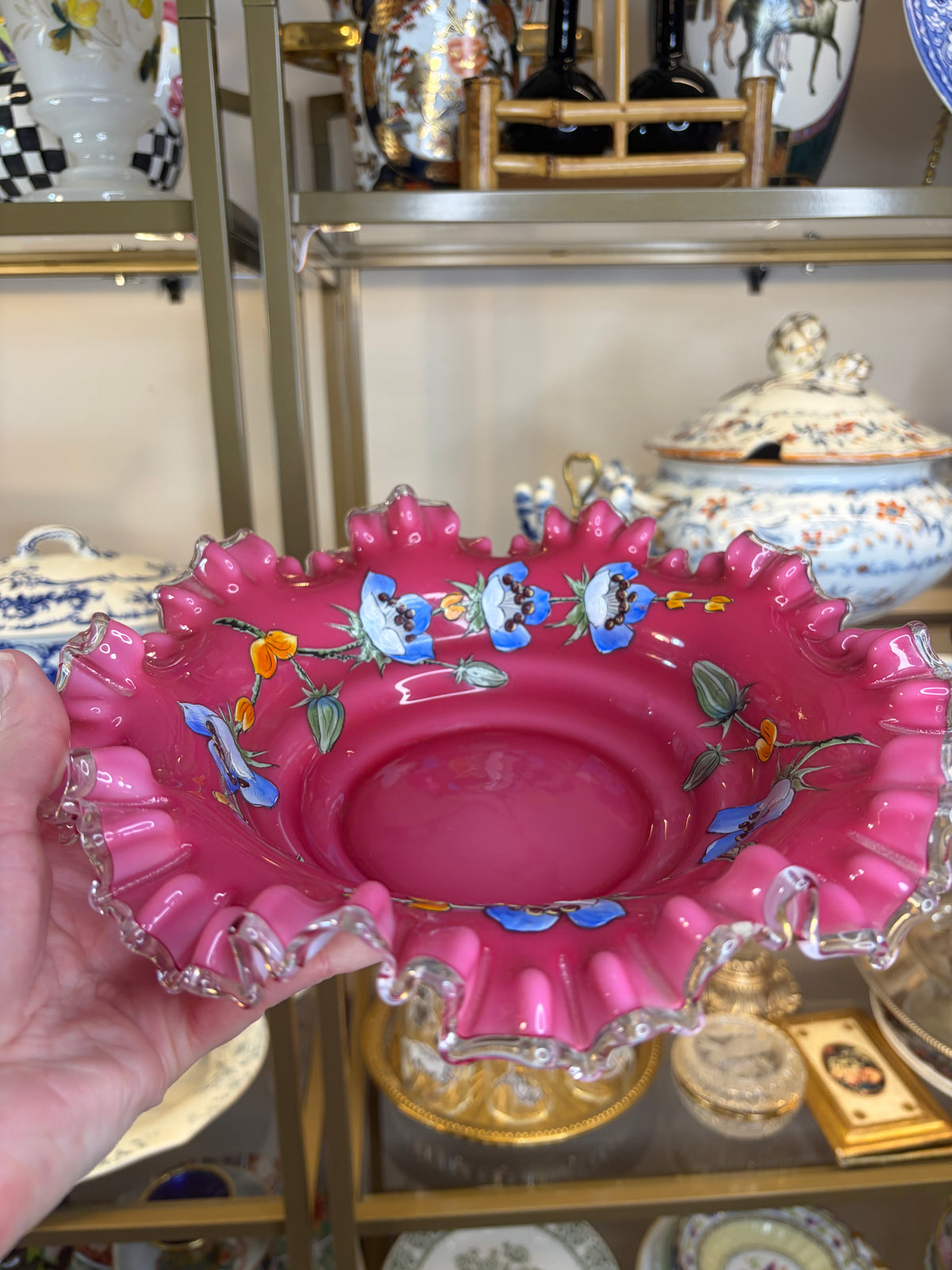 Stunning handpainted floral and pink ruffled edges bowl!