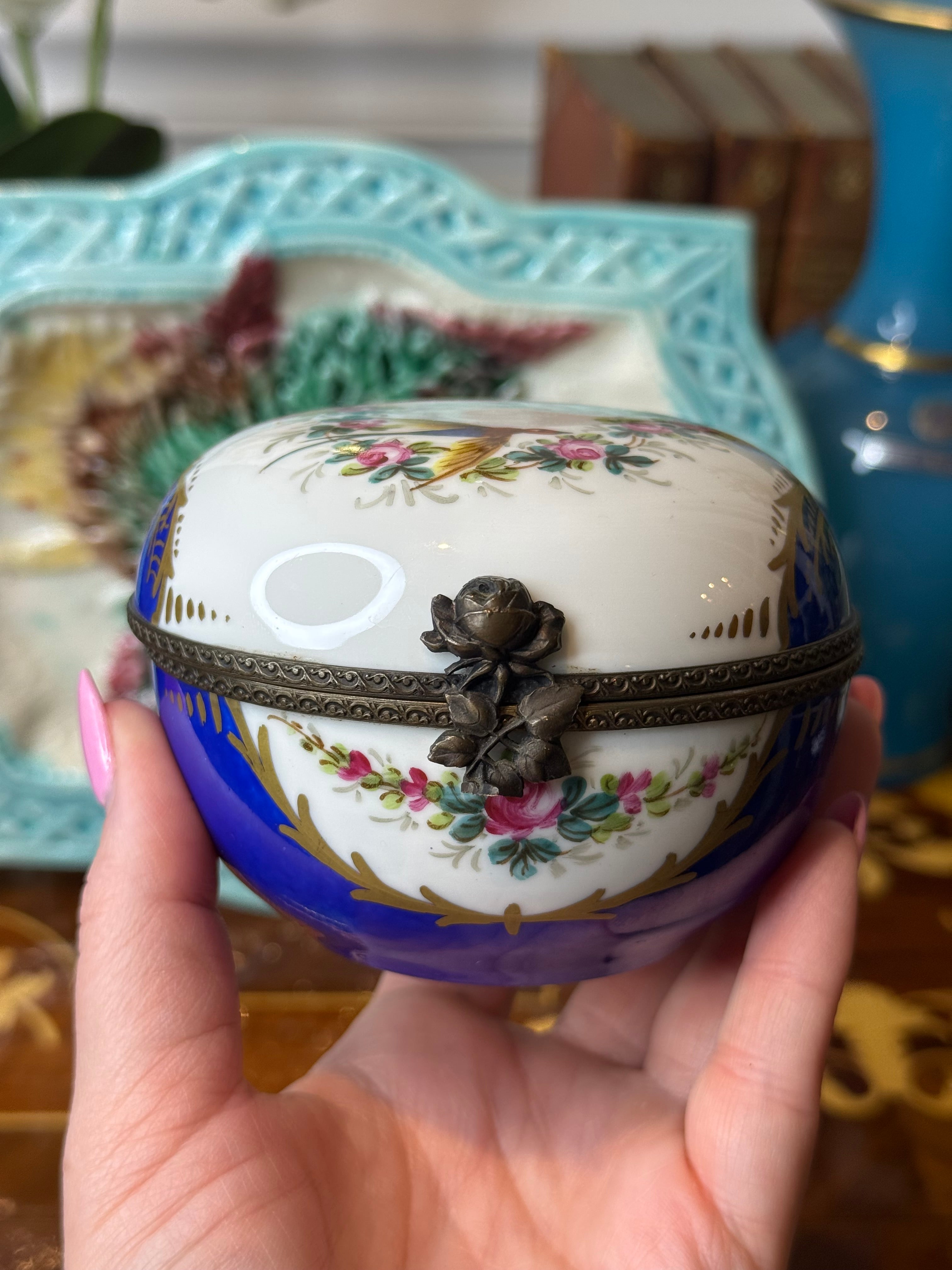 Vintage Limoges France Hand-Painted Trinket Box | Cobalt Blue