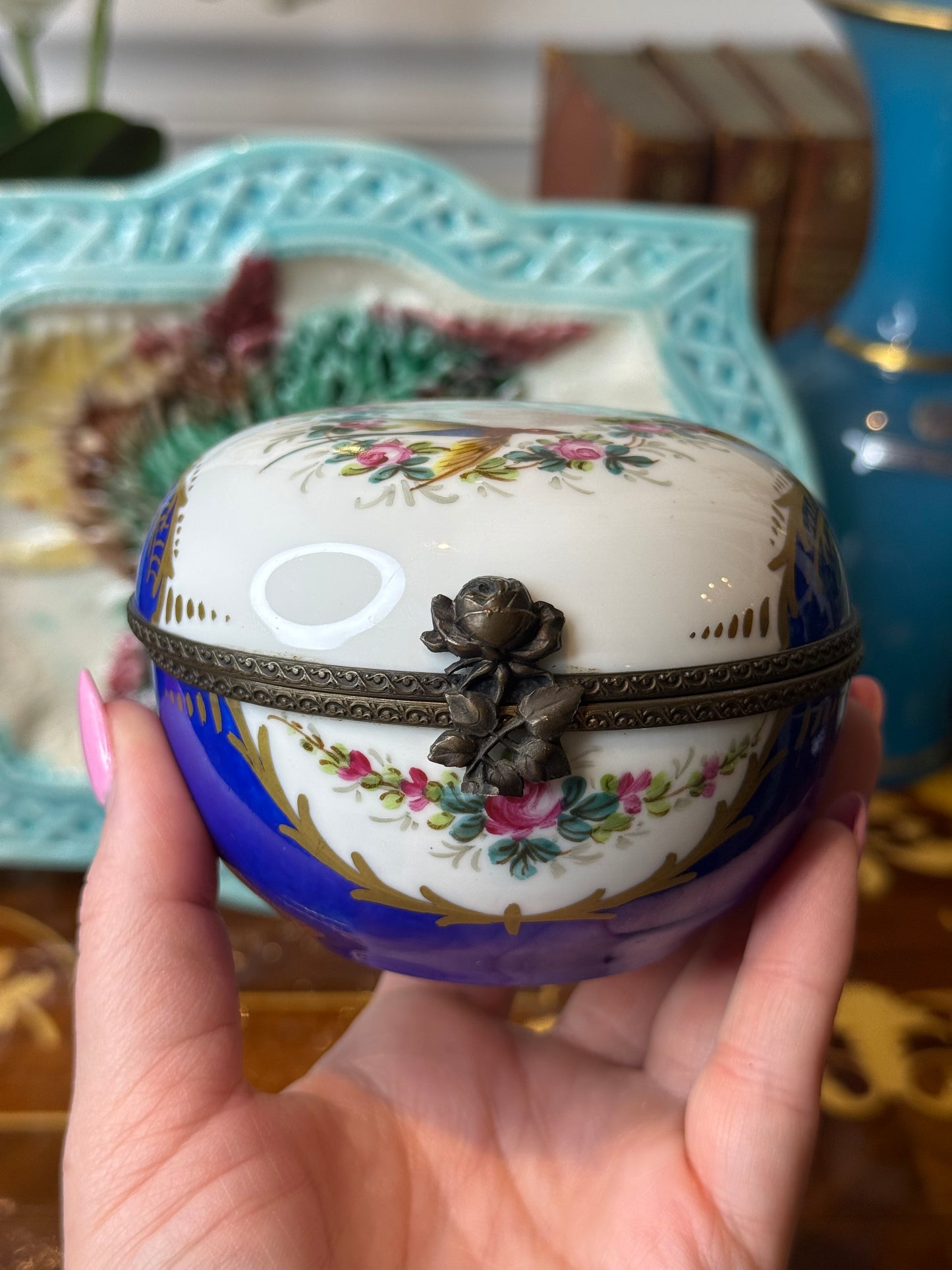 Vintage Limoges France Hand-Painted Trinket Box | Cobalt Blue & Gold with Bird and Floral Motif | 5” Diameter | #DA4364