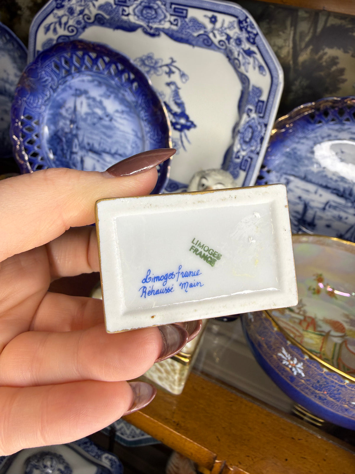 Vintage Limoges France Hand-Painted Porcelain Perfume Chest with 3 Cobalt Glass Bottles