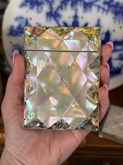 Antique Mother-of-Pearl & Abalone Calling Card Case | Geometric Mosaic Design | 4” x 3” | Victorian Era