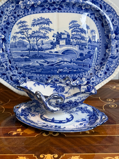 Antique B & Cie Double-Ended Flow Blue Sauce Boat with Integral Stand, c.1900, 11.5” Long x 6.5” Wide #DA4533