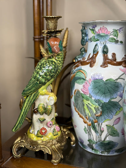 Danny's Fine Porcelain - 14.5” Tall Porcelain Parrot Candlestick Pair with Ormolu Mounts, Chinoiserie Rococo Style