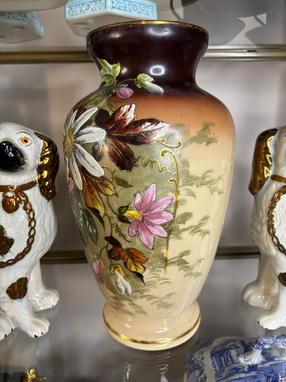 Stunning Bristol glass vase featuring handpainted florals!