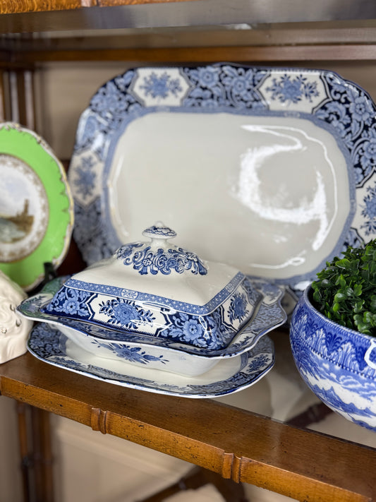 Vintage Wood & Sons “Khotan” Blue & White Transferware Serving Set – Large 18” Platter & Covered Dish, England