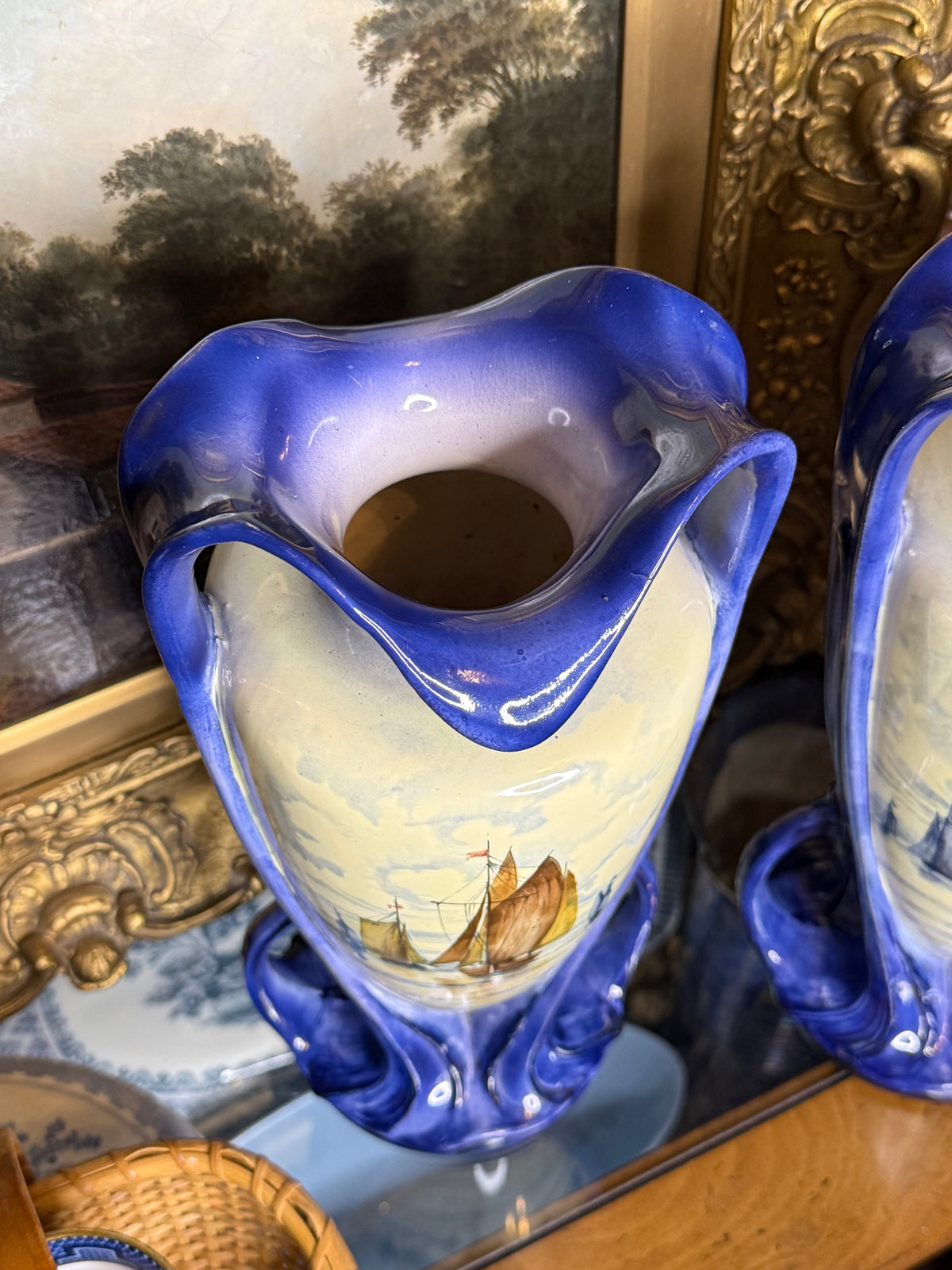 Antique 12.5” Tall Royal Bonn Franz Anton Mehlem Pair of Hand-Painted Maritime Vases | Model 2758 | c.1900 | DA4418