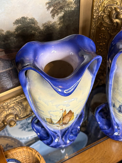 Antique 12.5” Tall Royal Bonn Franz Anton Mehlem Pair of Hand-Painted Maritime Vases | Model 2758 | c.1900 | DA4418