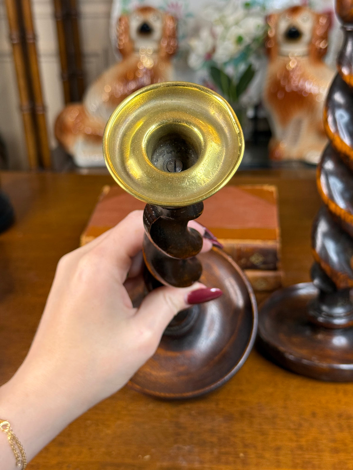 Pair of Antique English Oak Barley Twist Candlesticks with Brass Drip Pans, c. 1900–1920 – 12”H