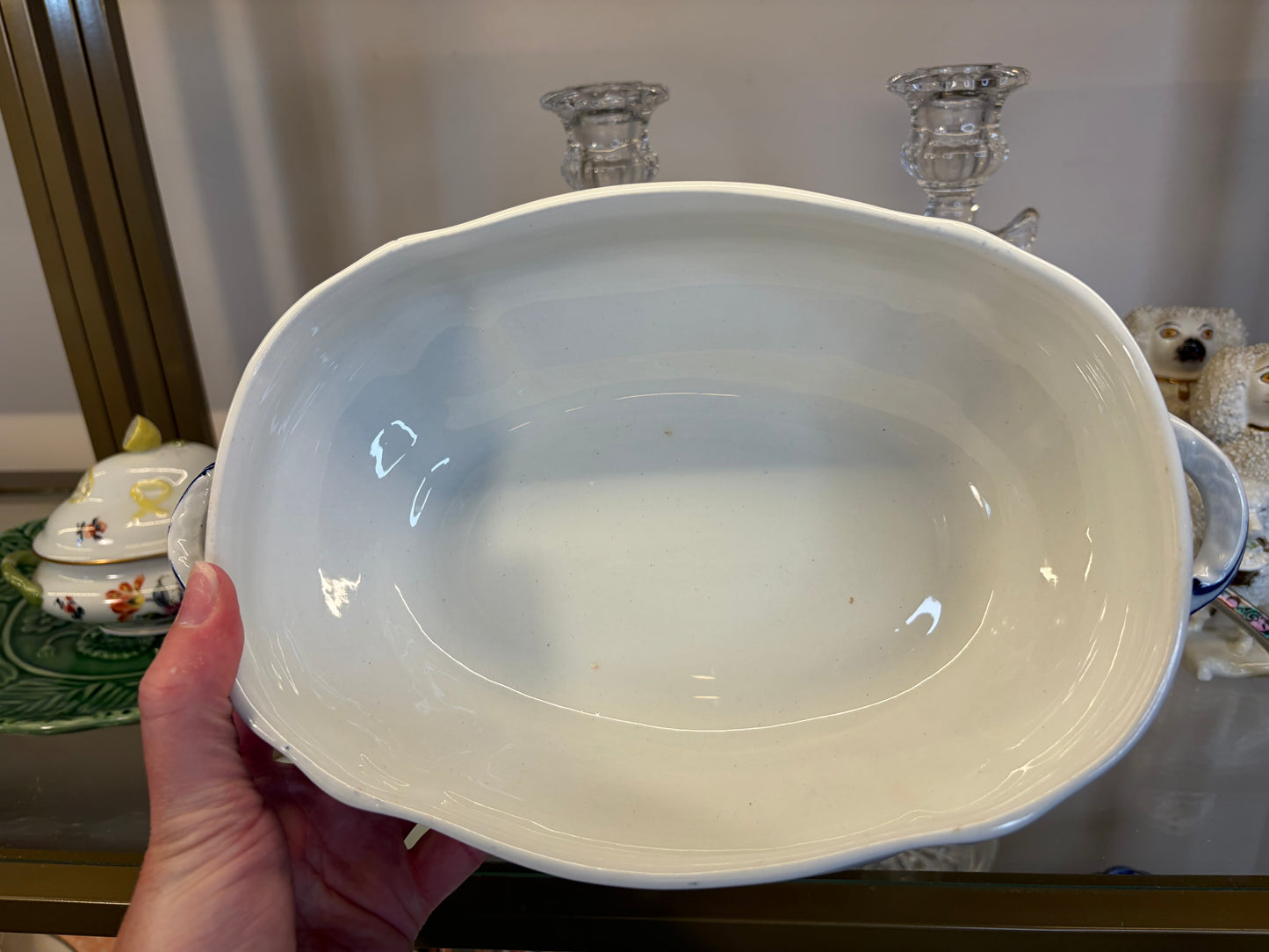 Stunning antique Ridgeways Royal Semi Porcelain lidded tureen in the Lorraine pattern, featuring intricate blue and white floral transferware and decorative side handles!