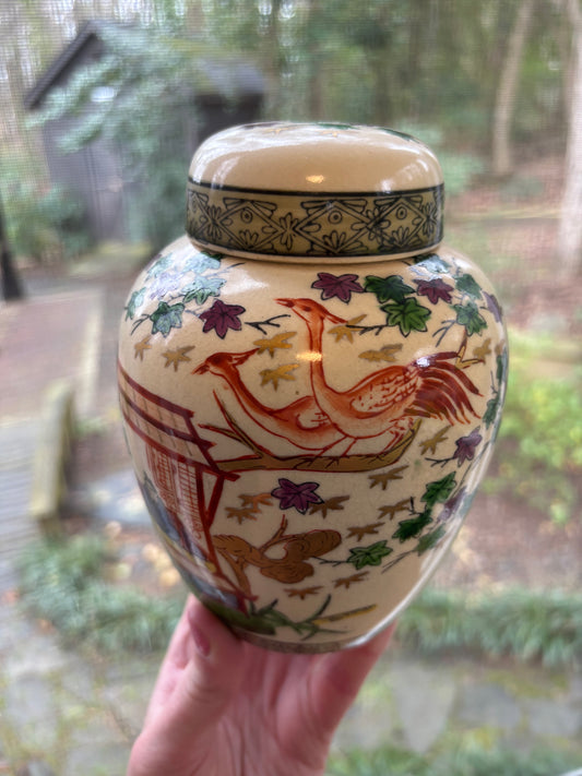 Lovely lidded ginger jar! Features birds, oriental scene, ship, and vibrant colors!