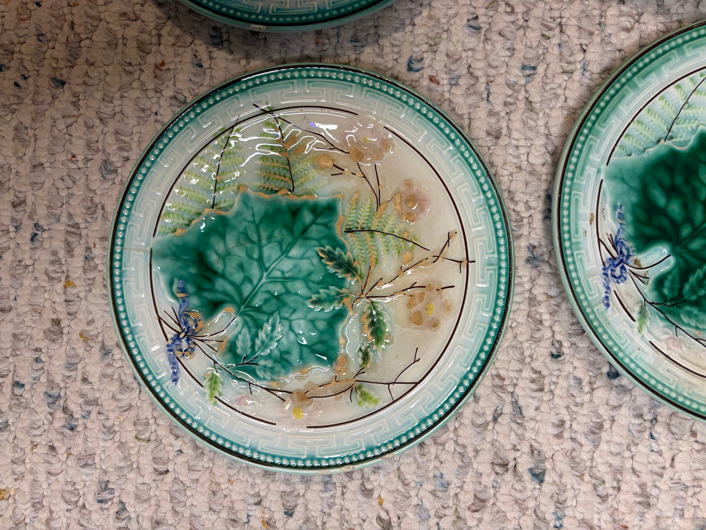 Antique majolica leaf plates with Greek key border- Set of 4! As is!