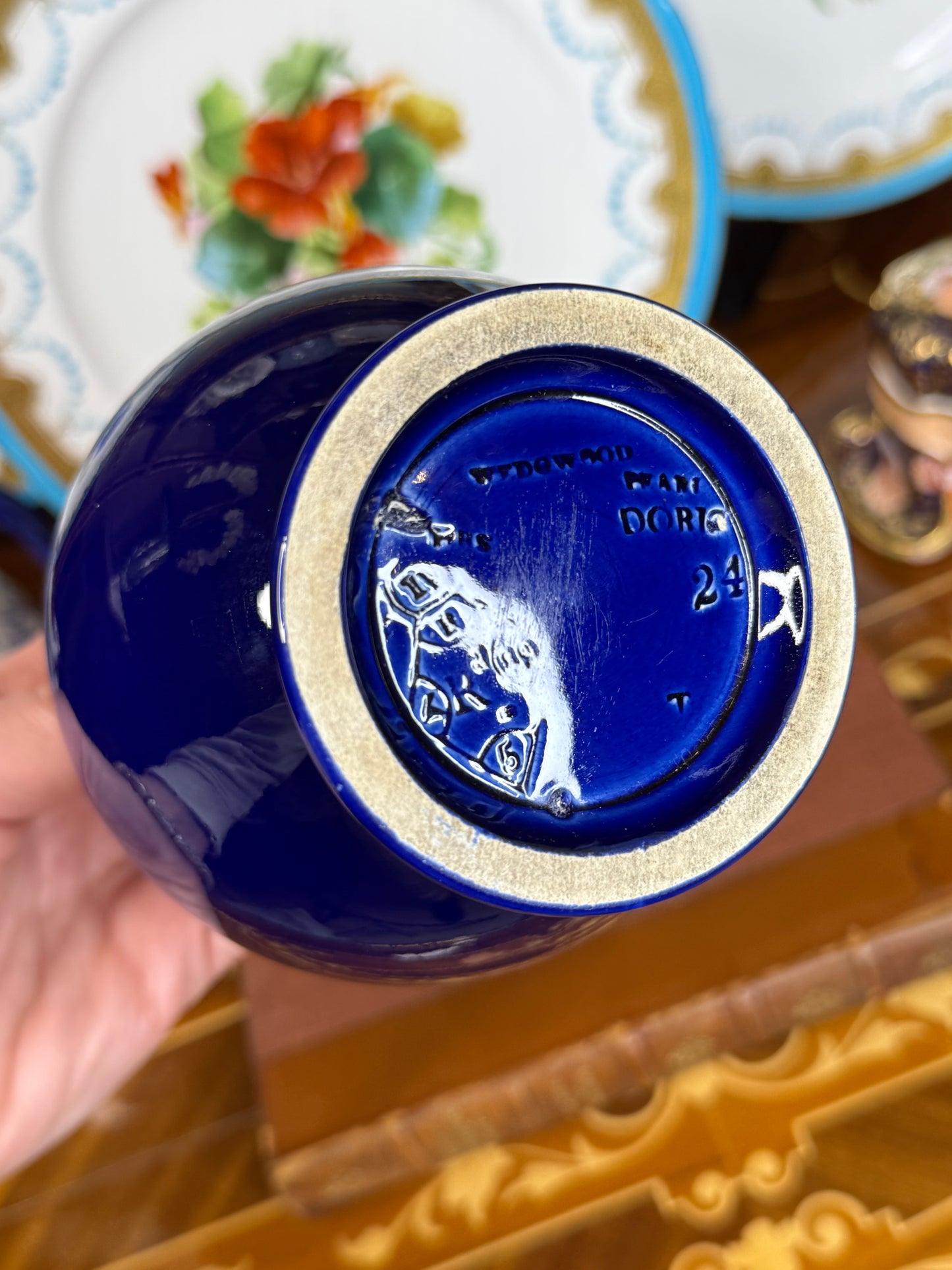 Wedgwood Doric-Shape Pitcher, c. 1861 – Cobalt Blue Earthenware, 6.5” Tall