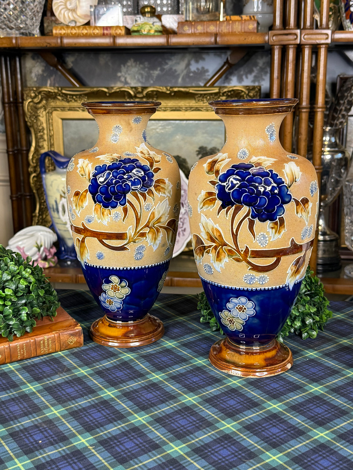 RESERVED - GRANDDIVA - Pair of Antique Royal Doulton Slater’s Patent Stoneware Floral Vases | Cobalt Blue & Ochre | c. 1905–1910