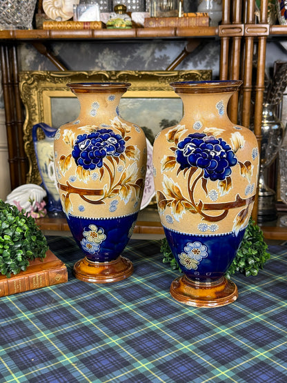 RESERVED - GRANDDIVA - Pair of Antique Royal Doulton Slater’s Patent Stoneware Floral Vases | Cobalt Blue & Ochre | c. 1905–1910