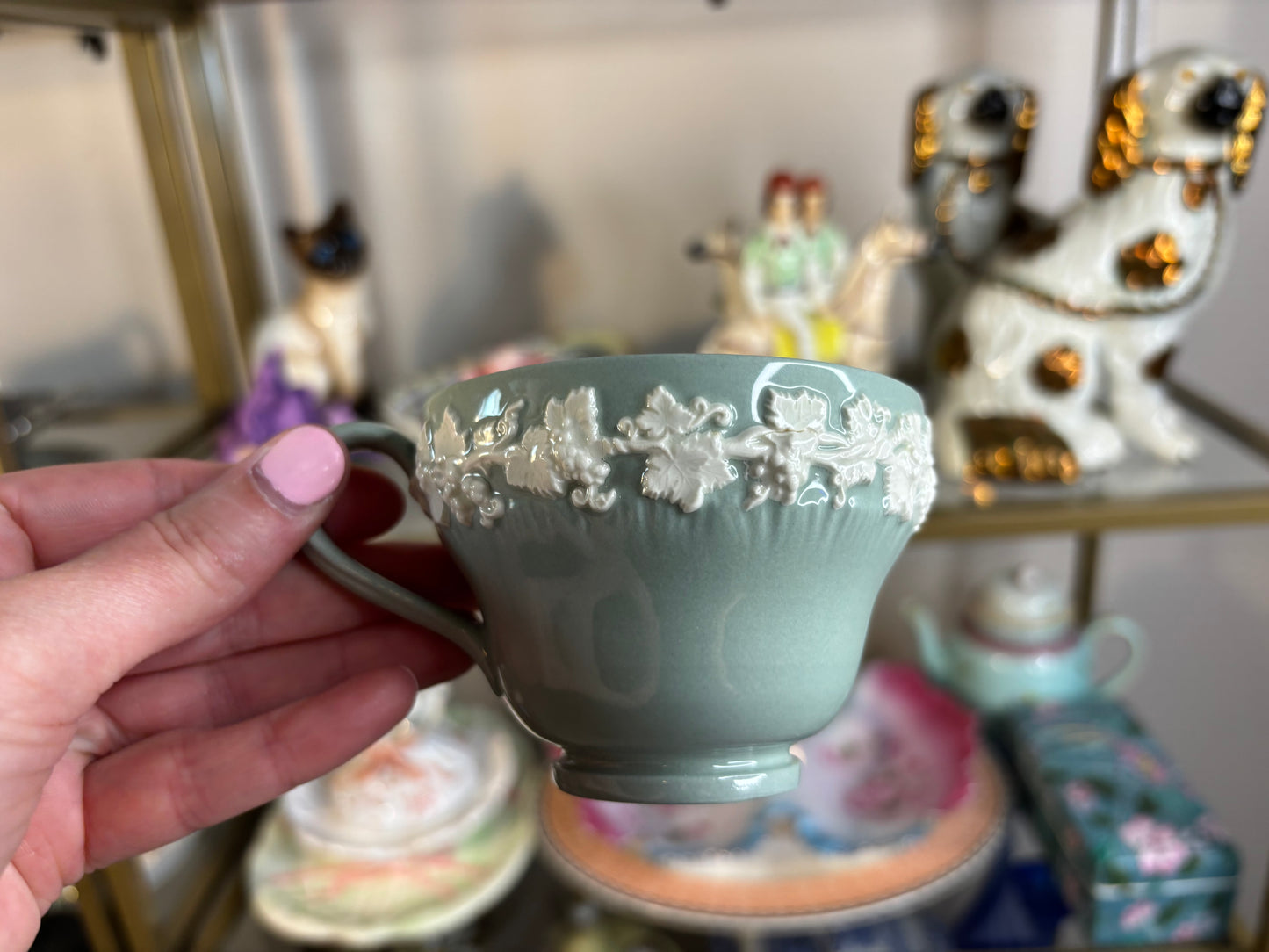 Lovely Wedgwood Queensware green and white teacup and saucer set!