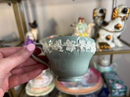 Lovely Wedgwood Queensware green and white teacup and saucer set!