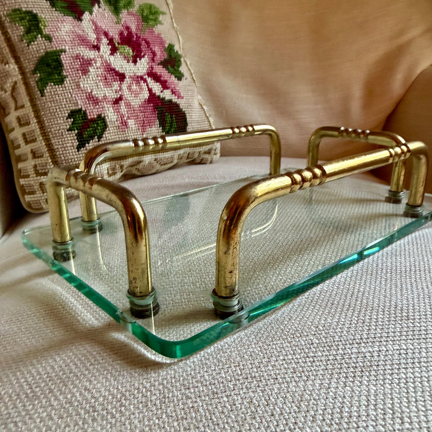 Chic vintage aged brass & glass vanity perfume tray