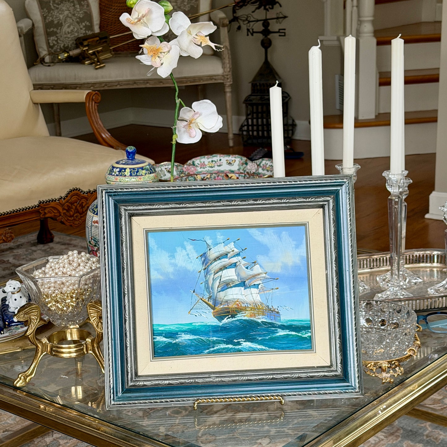 Handsome tall clipper ships on the sea painting art 15.5 x 13.5