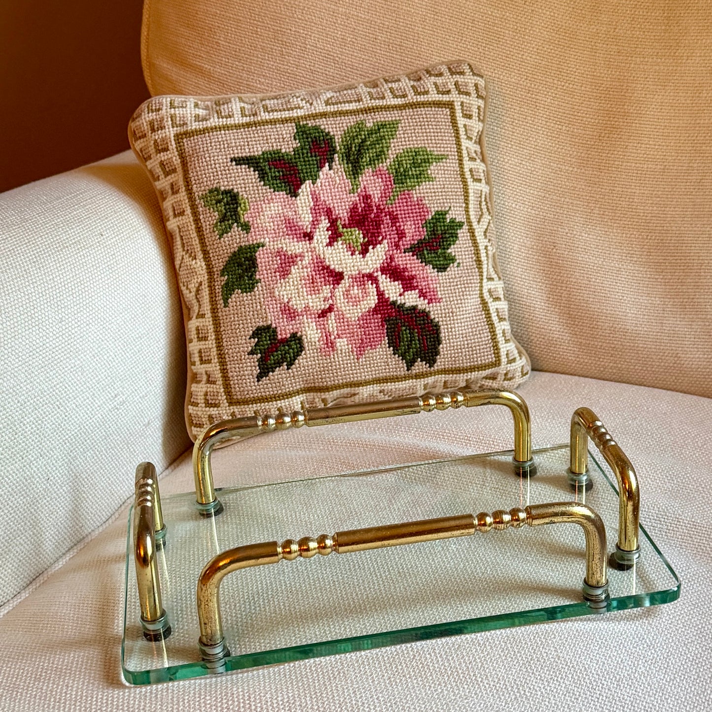 Chic vintage aged brass & glass vanity perfume tray