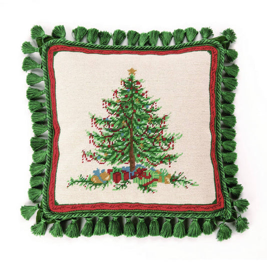 Sally Eckman Roberts Christmas Needlepoint Pillow | 100% Wool Tassel Accent Pillow | 16” x 16”