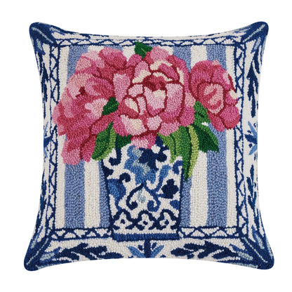 Pretty Petals Wool Hooked Pillow, Pink Blue & White | 18” x 18” Accent Pillow