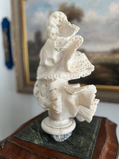 Whisper of Lace — Intricate Detailed Victorian Alabaster Lady Bust on Marble Plinth Circa 1880-1910 - 15”