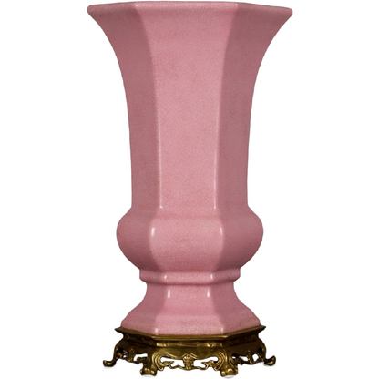 Danny's Fine Porcelain - 12” Tall Pink Hexagonal Porcelain Vase, Bronze Base