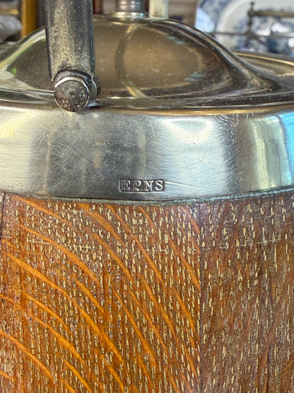 RARE - MOLLIE - Antique English Oak & EPNS Silver Plate Biscuit Barrel with Shield Cartouche, c.1900, 7” H