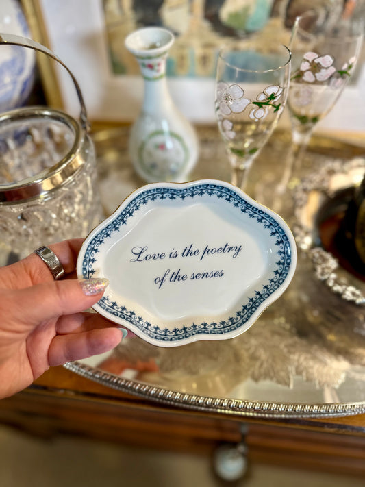 Vintage Andrea by Sadek “Love” Trinket Dish | Blue & White with Gold, 6”