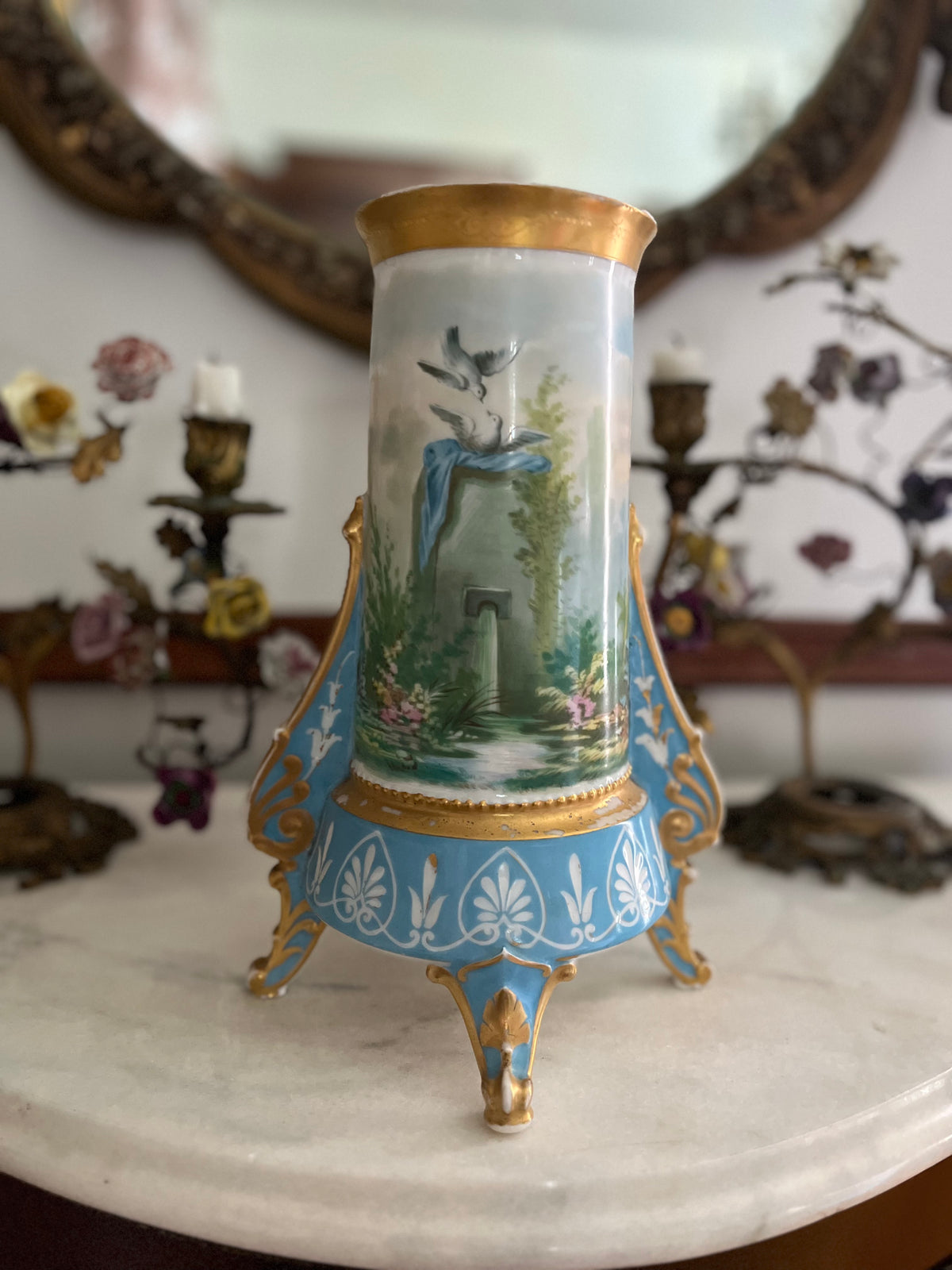 Antique French Paris Porcelain Tripod Vase, Bleu Céleste, Hand-Painted Maiden & Cupid, c. 1870