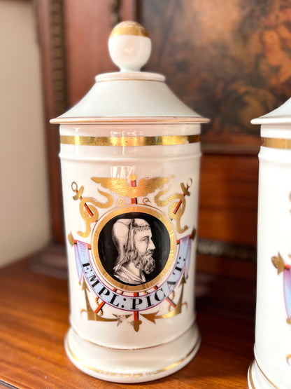 Pair of Antique French Porcelain Apothecary Jars with Portrait Medallions