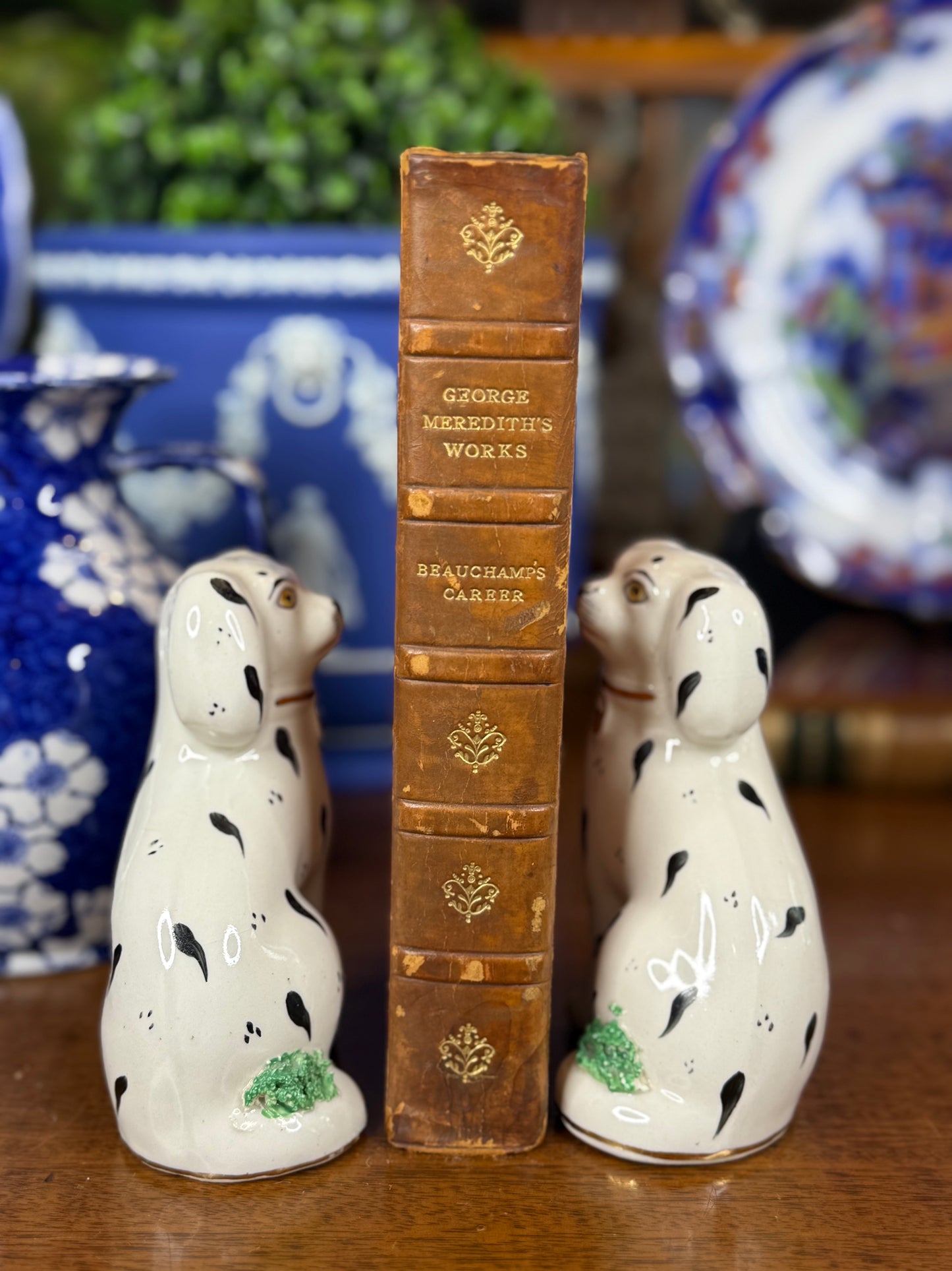 Pair of Kent Staffordshire Ware Dalmatian Dog Figures | Black, White, Green & Gilt | Mid-20th Century | 4.5” H × 3” W × 2” D Each
