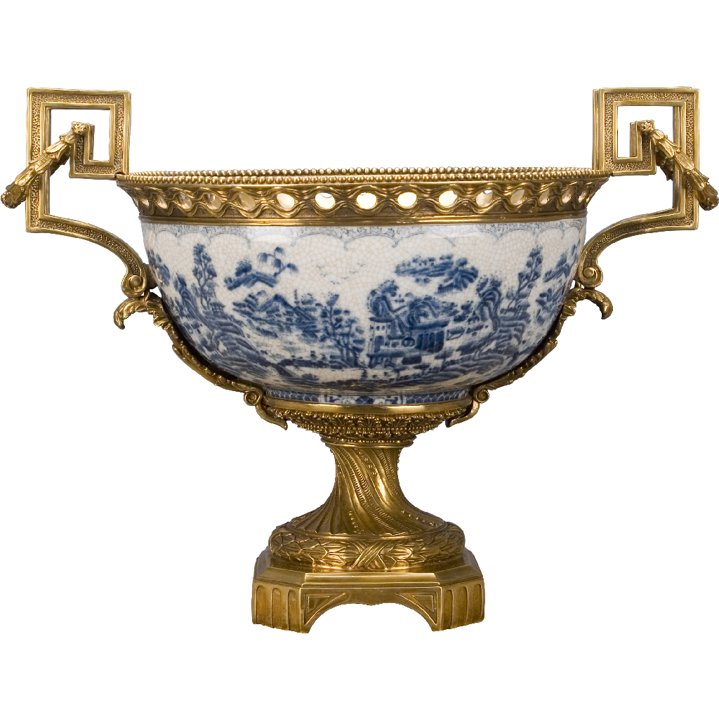 Danny's Fine Porcelain - Blue & White Basin W/ Bronze Ormolu, 23Lx16Wx17H