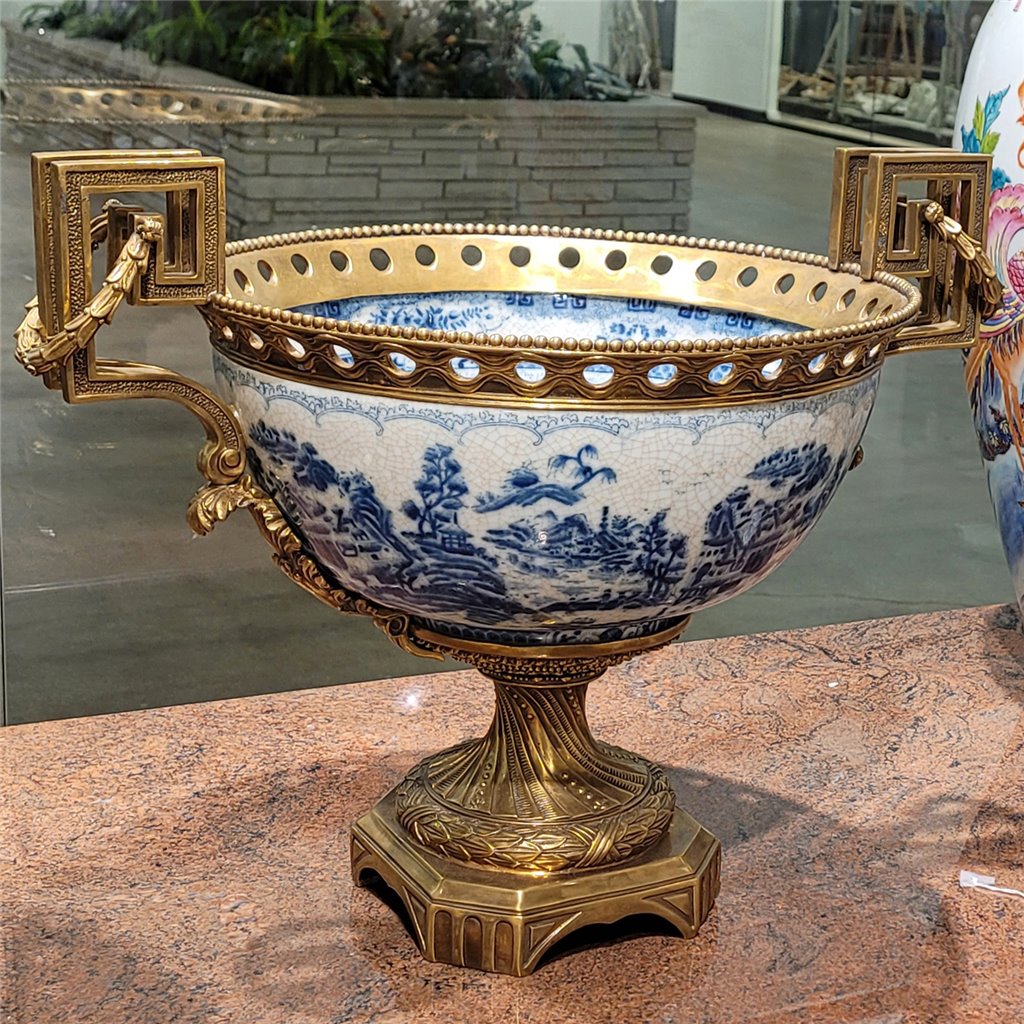 Danny's Fine Porcelain - Blue & White Basin W/ Bronze Ormolu, 23Lx16Wx17H