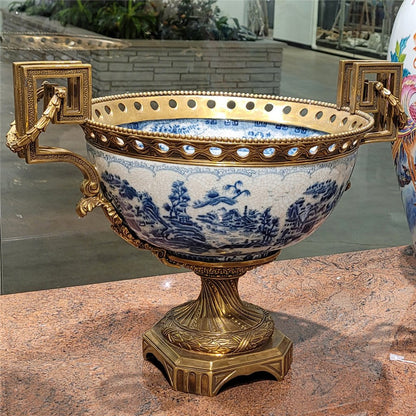 Danny's Fine Porcelain - Blue & White Basin W/ Bronze Ormolu, 23Lx16Wx17H