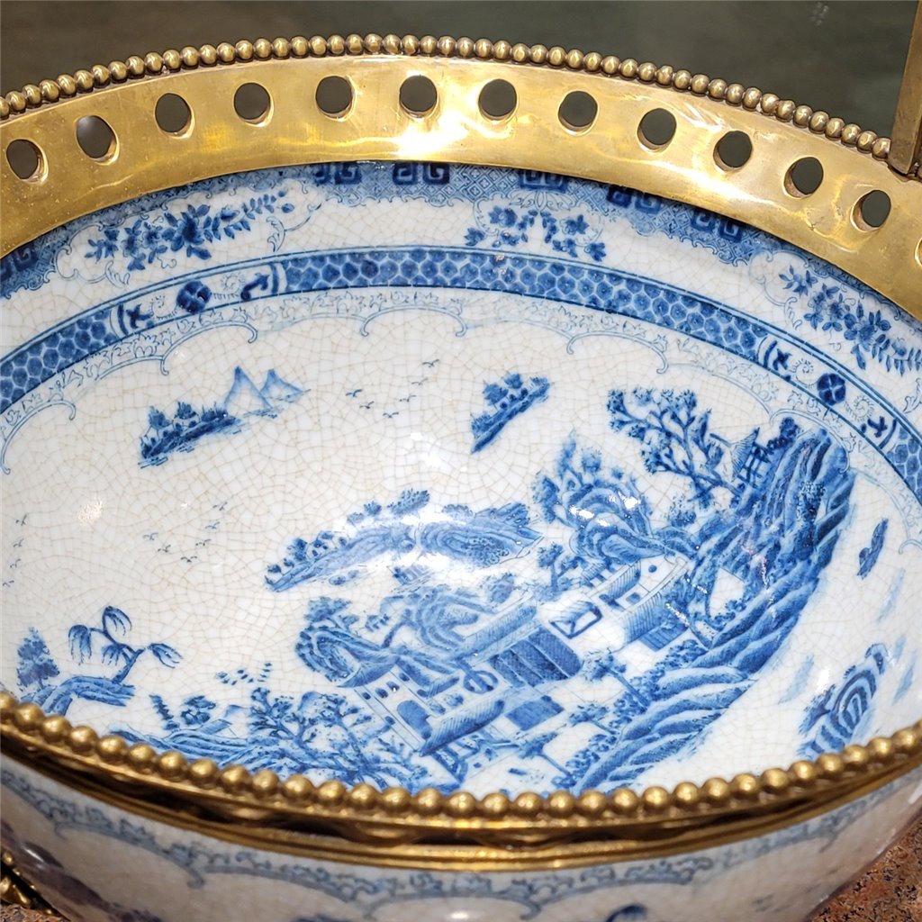 Danny's Fine Porcelain - Blue & White Basin W/ Bronze Ormolu, 23Lx16Wx17H