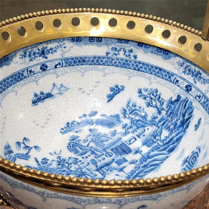Danny's Fine Porcelain - Blue & White Basin W/ Bronze Ormolu, 23Lx16Wx17H