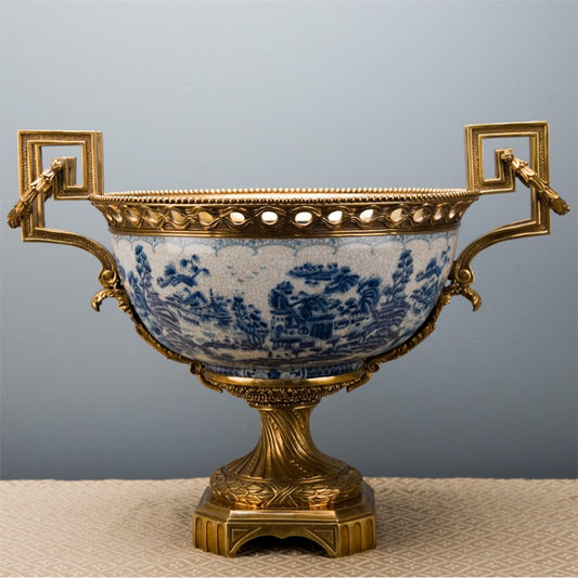 Danny's Fine Porcelain - Blue & White Basin W/ Bronze Ormolu, 23Lx16Wx17H