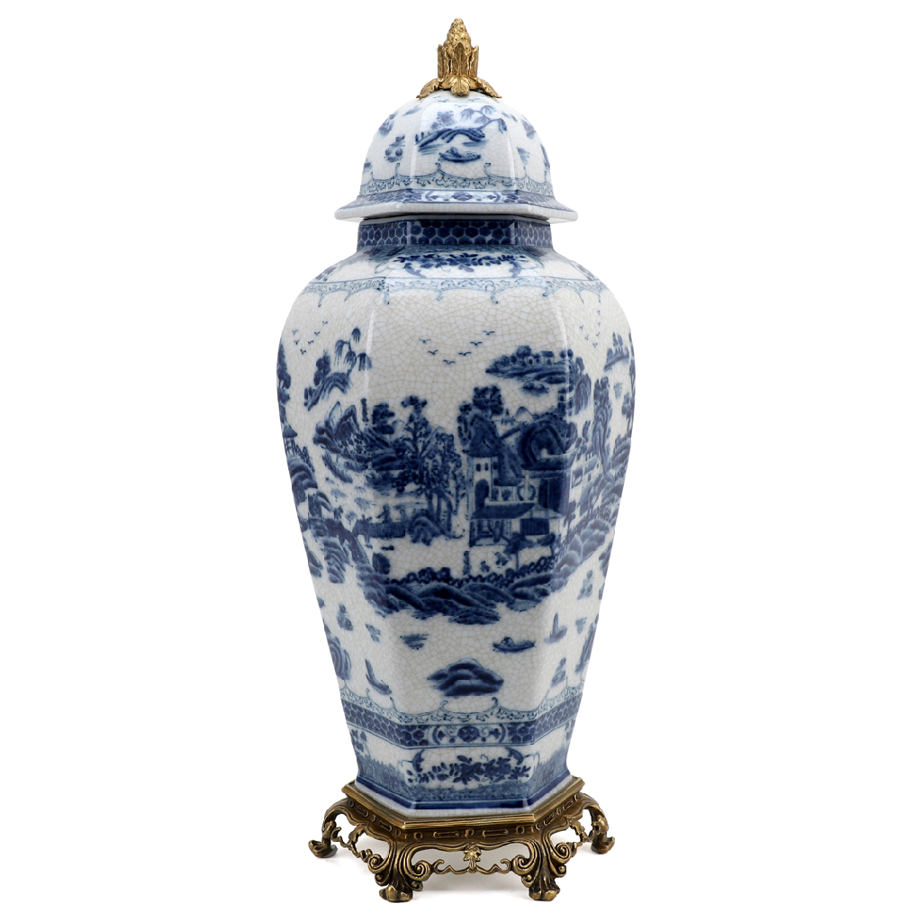 Danny’s Fine Porcelain – Octagonal Blue Willow Lidded Jar with Bronze Ormolu (8” x 8” x 19.25”H)